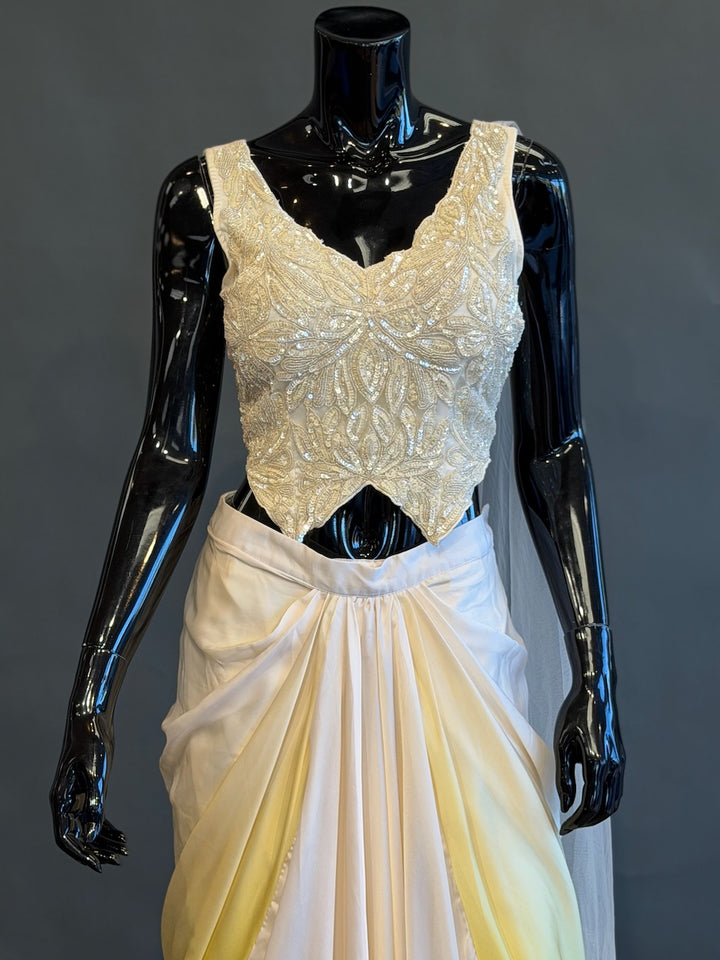 Ivory &amp; Lime Ombre Embellished Fusion Draped Skirt Set