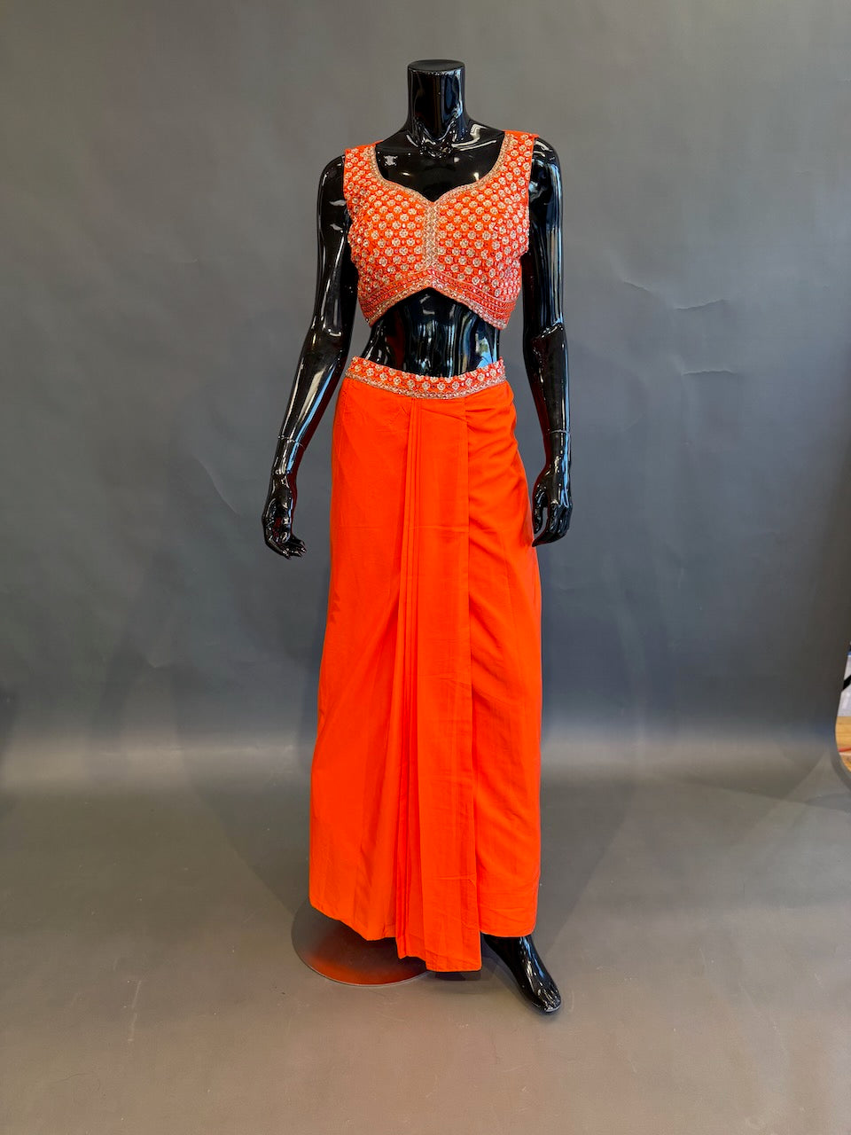 Bright Orange Embroidered Fusion Draped Skirt Set