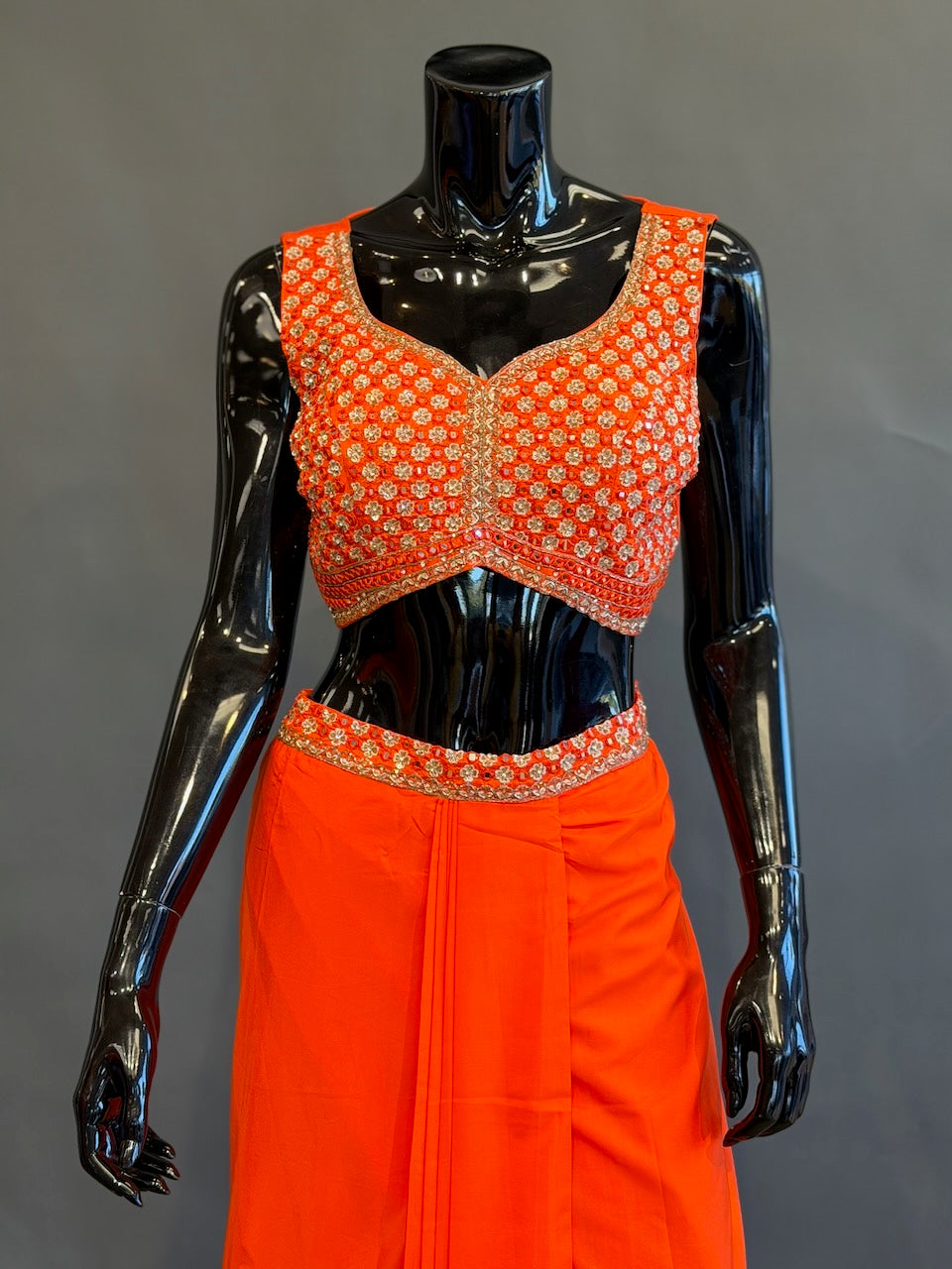 Bright Orange Embroidered Fusion Draped Skirt Set