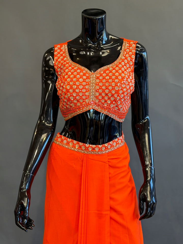 Bright Orange Embroidered Fusion Draped Skirt Set