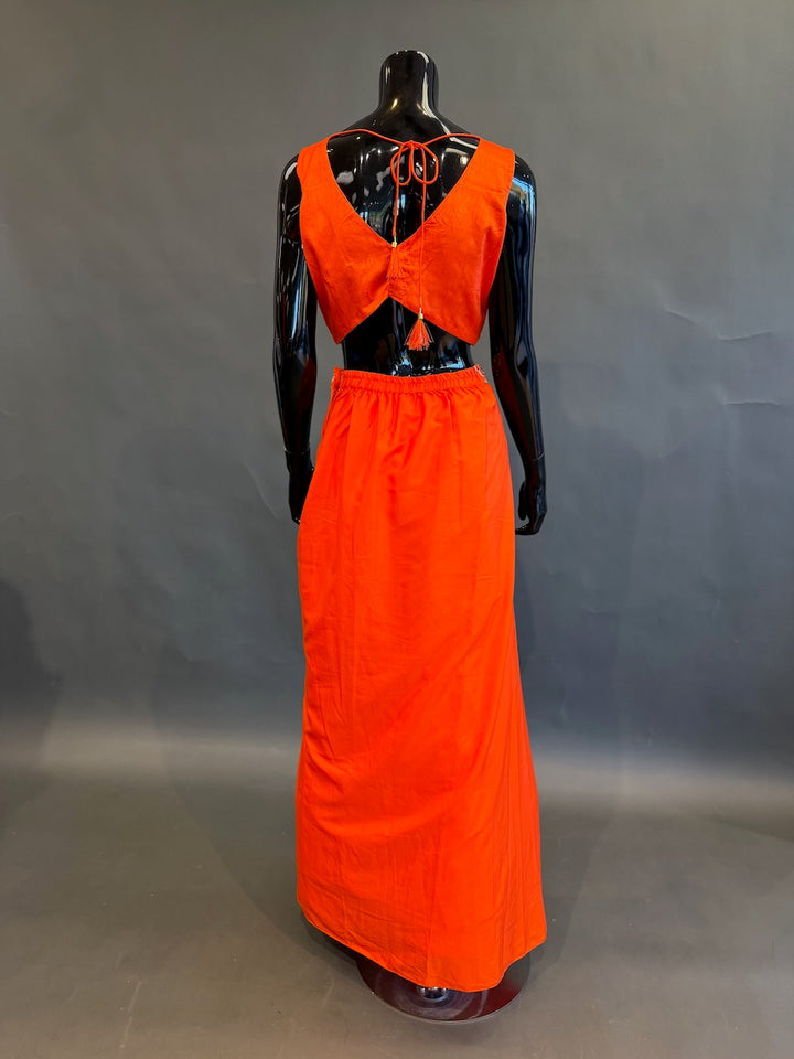 Bright Orange Embroidered Fusion Draped Skirt Set
