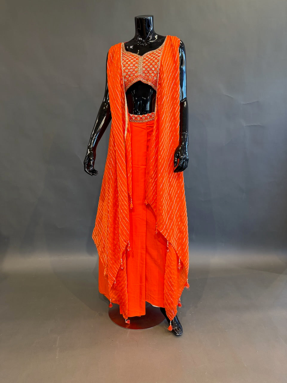 Bright Orange Embroidered Fusion Draped Skirt Set