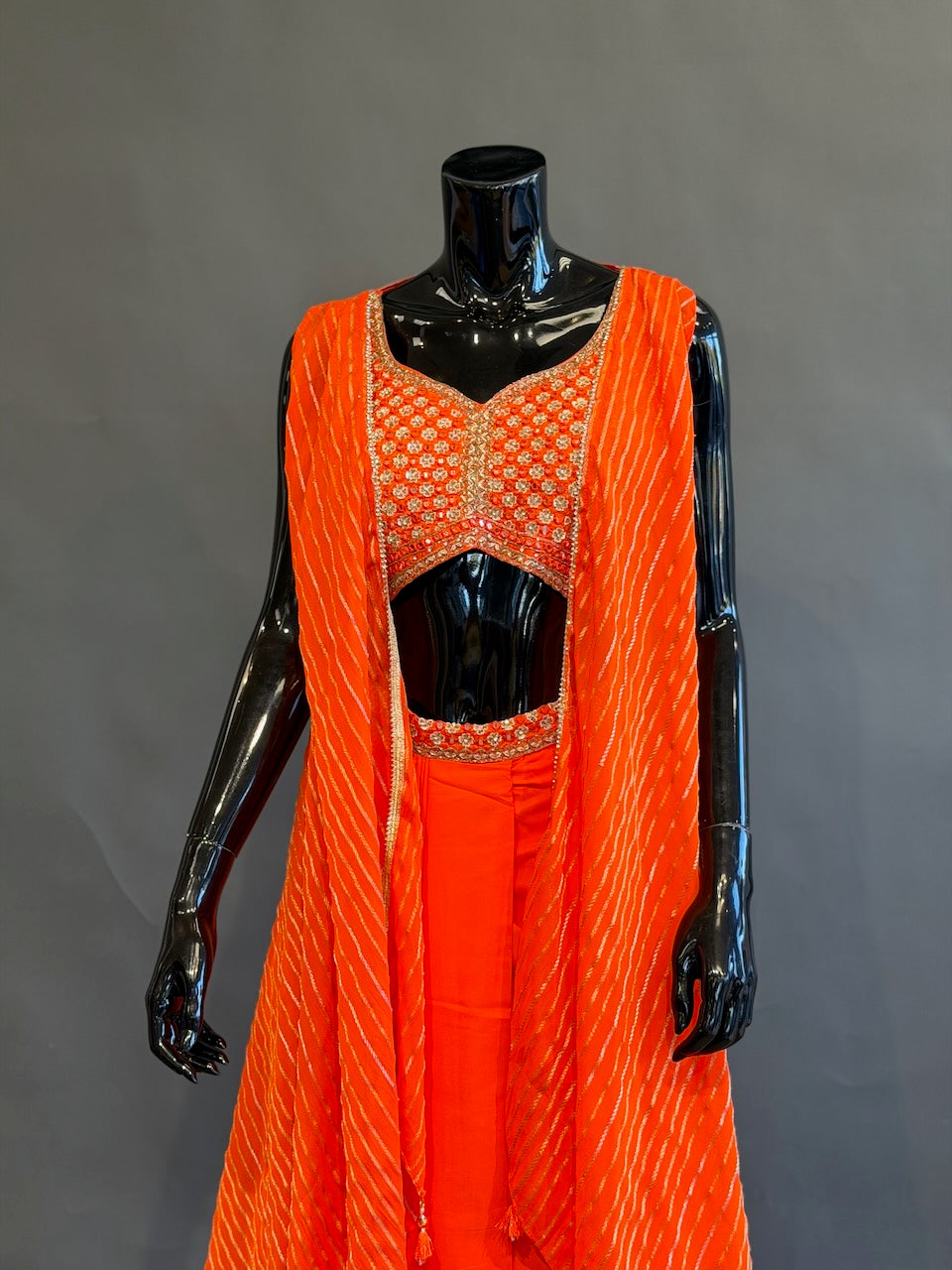 Bright Orange Embroidered Fusion Draped Skirt Set