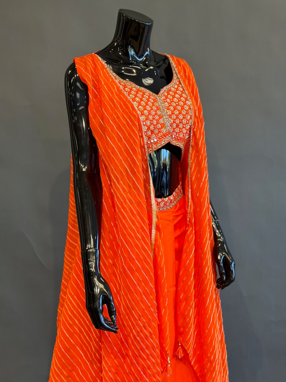 Bright Orange Embroidered Fusion Draped Skirt Set