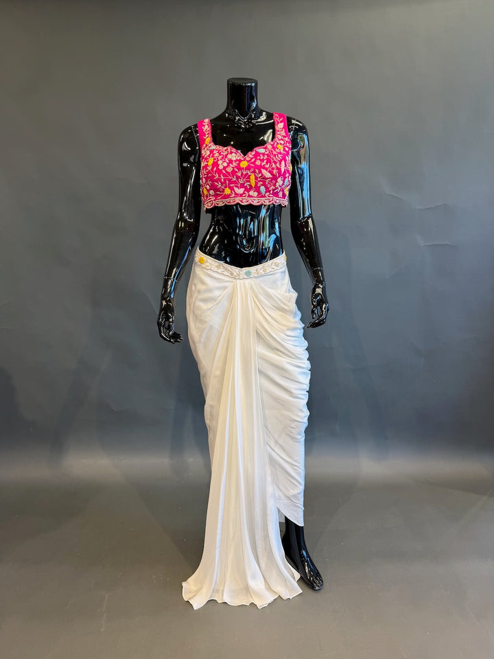 Ivory, Rani Pink &amp; Mustard Fusion Draped Skirt Set