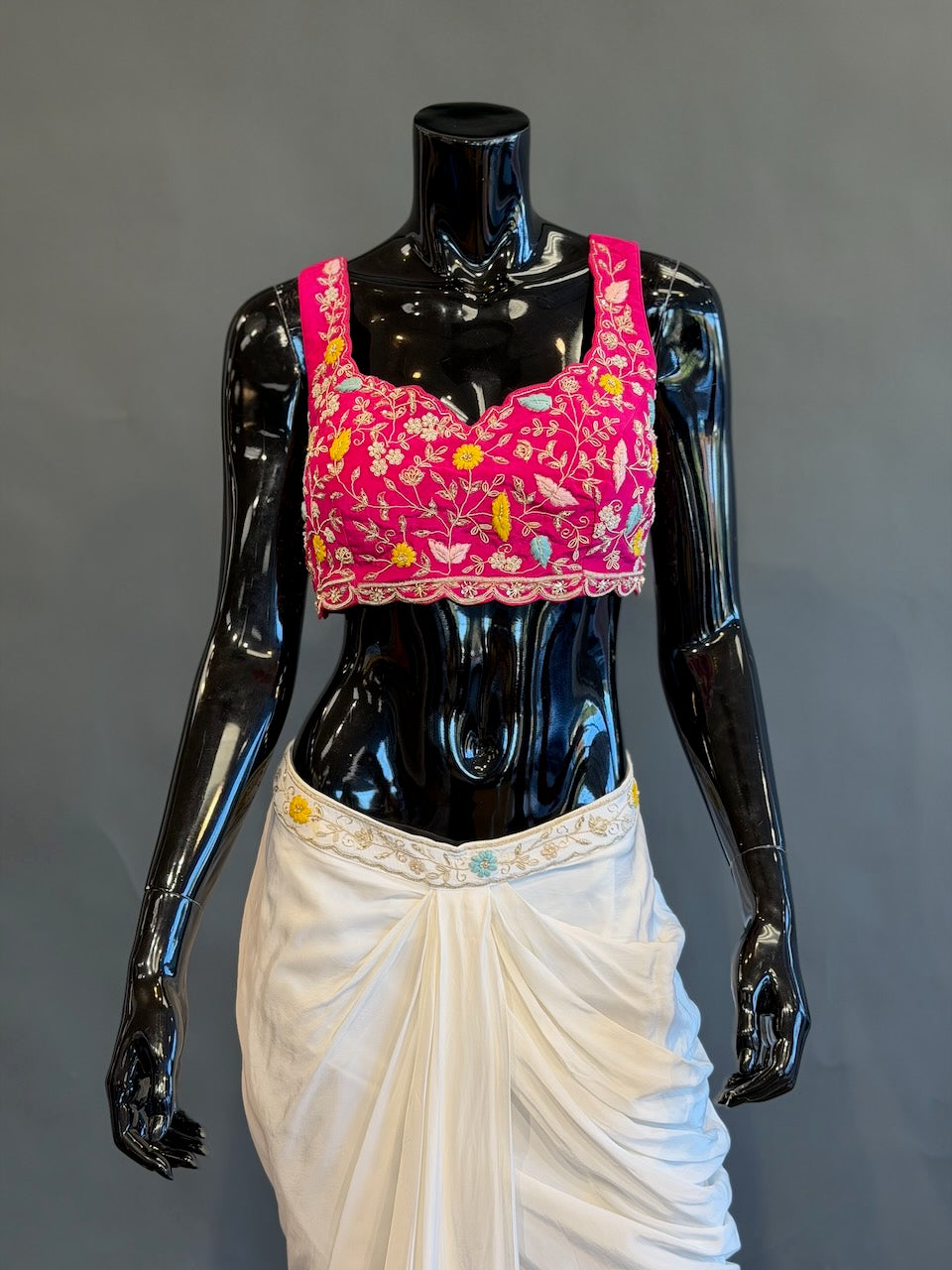 Ivory, Rani Pink &amp; Mustard Fusion Draped Skirt Set