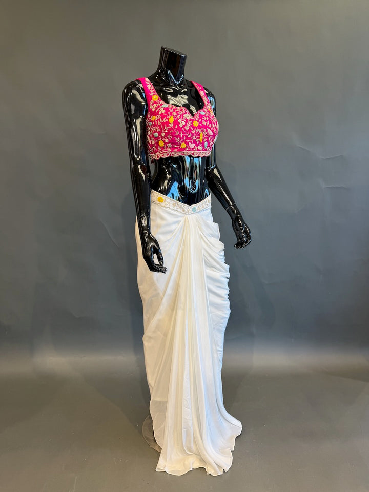 Ivory, Rani Pink &amp; Mustard Fusion Draped Skirt Set