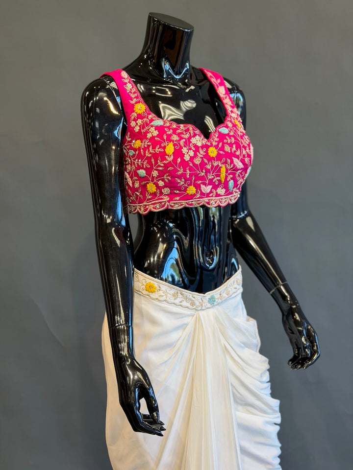 Ivory, Rani Pink &amp; Mustard Fusion Draped Skirt Set