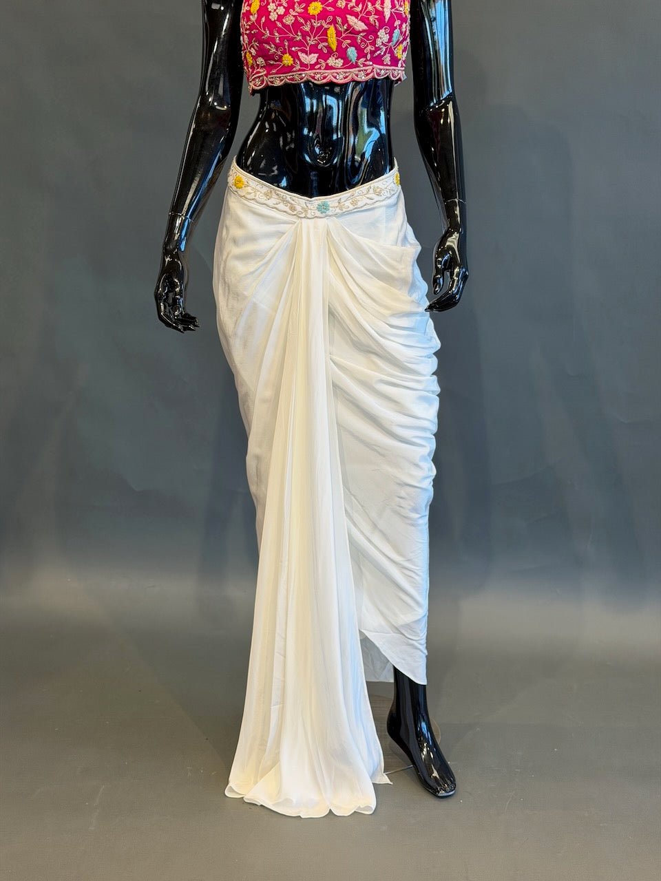 Ivory, Rani Pink &amp; Mustard Fusion Draped Skirt Set