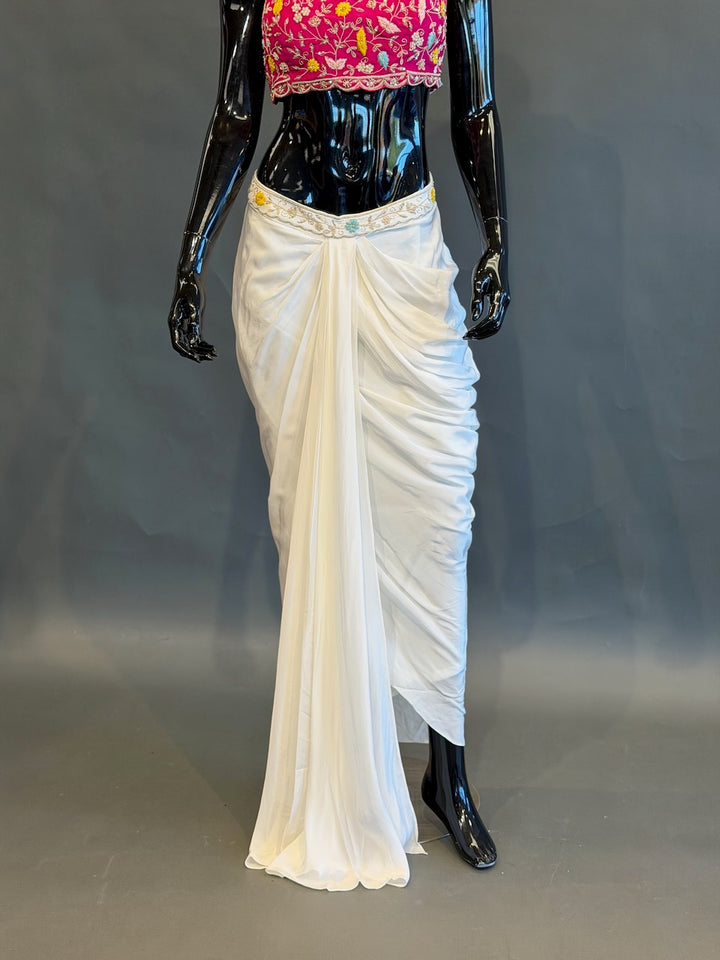 Ivory, Rani Pink &amp; Mustard Fusion Draped Skirt Set