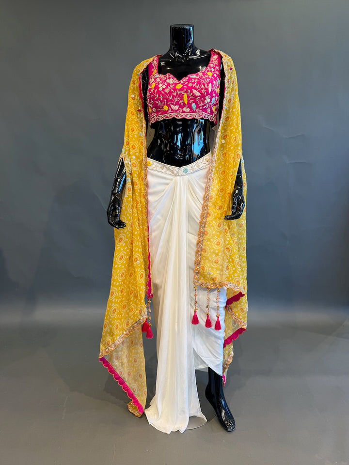 Ivory, Rani Pink &amp; Mustard Fusion Draped Skirt Set