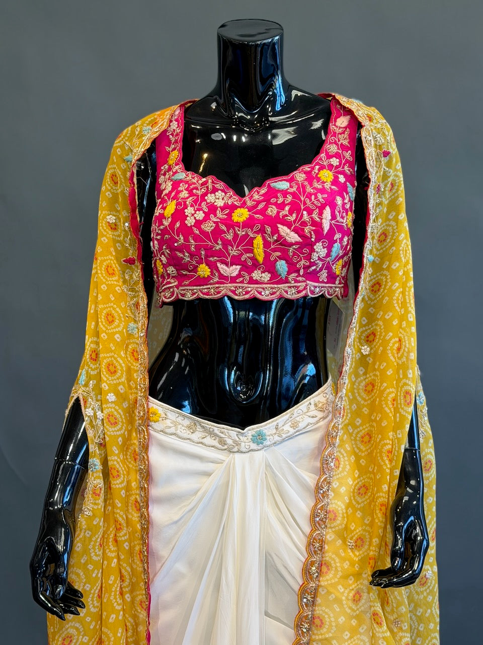 Ivory, Rani Pink &amp; Mustard Fusion Draped Skirt Set
