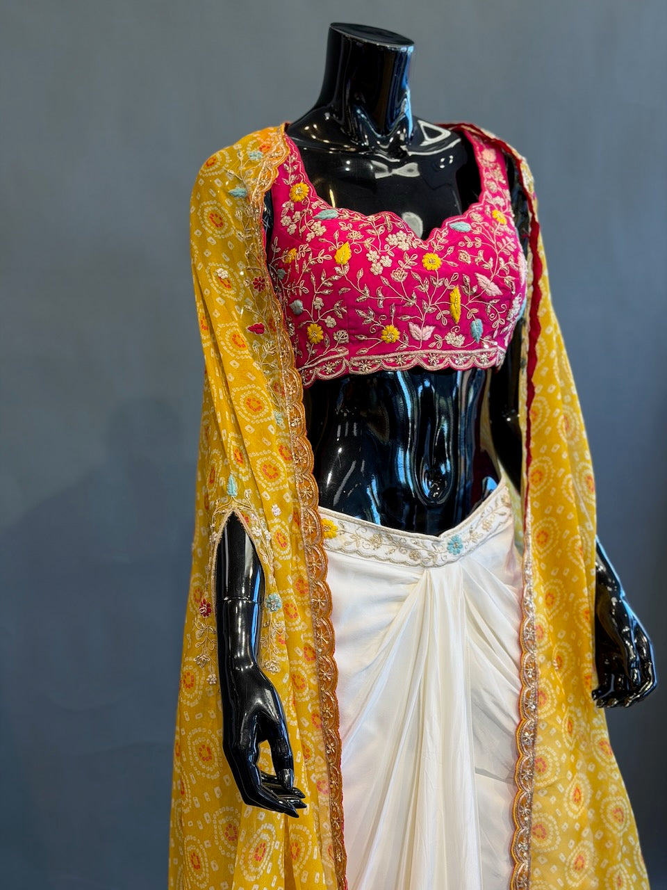 Ivory, Rani Pink &amp; Mustard Fusion Draped Skirt Set