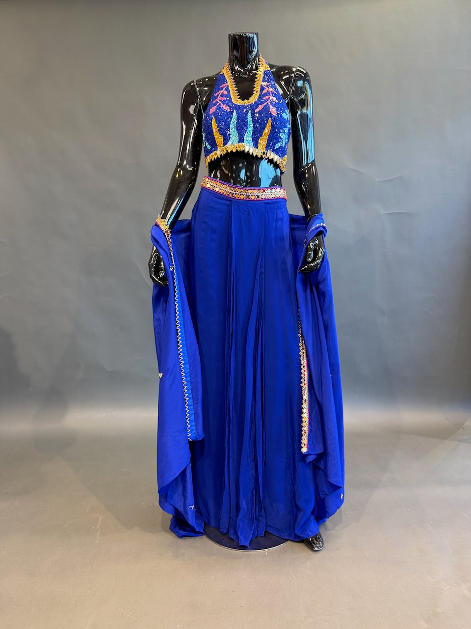 Royal Blue Multicolor Embellished Fusion Draped Skirt Set