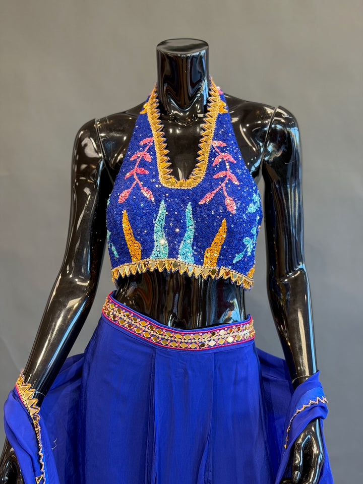 Royal Blue Multicolor Embellished Fusion Draped Skirt Set