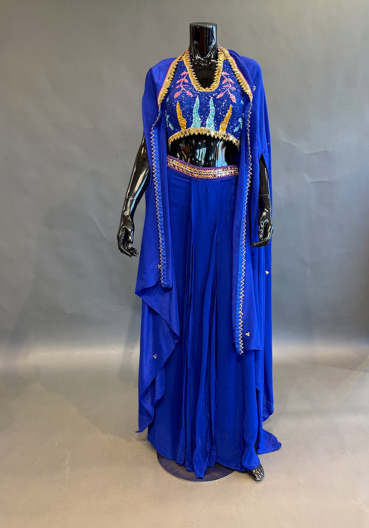 Royal Blue Multicolor Embellished Fusion Draped Skirt Set