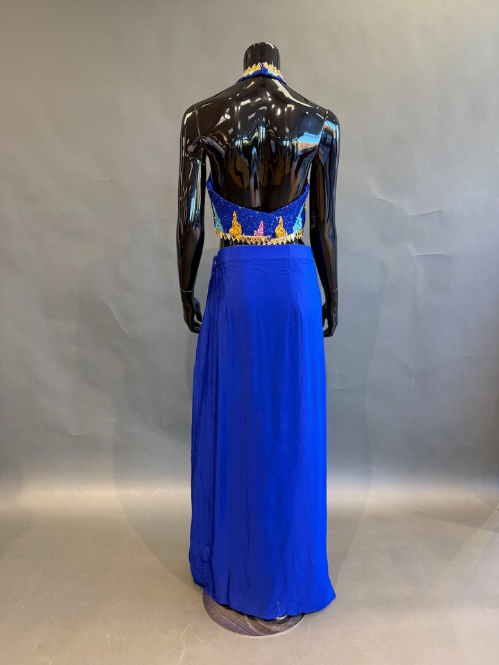 Royal Blue Multicolor Embellished Fusion Draped Skirt Set