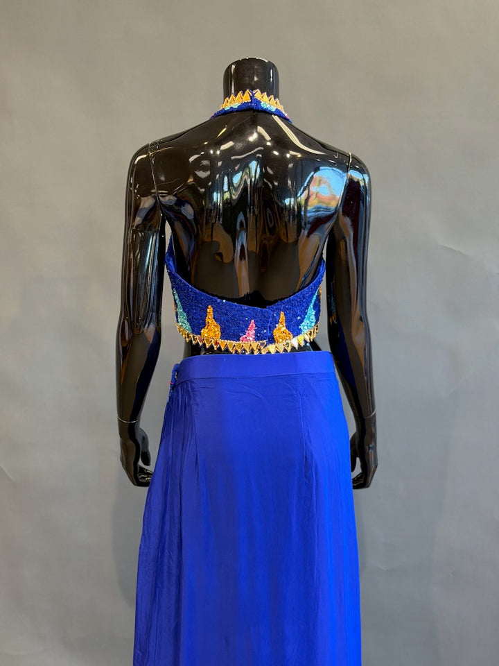 Royal Blue Multicolor Embellished Fusion Draped Skirt Set