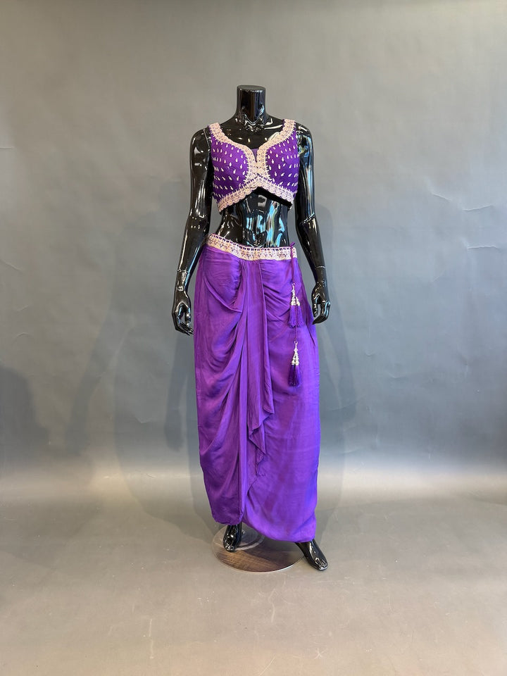 Purple Embellished Cape Fusion Draped Skirt Set