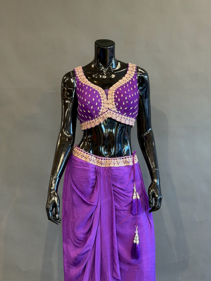 Purple Embellished Cape Fusion Draped Skirt Set