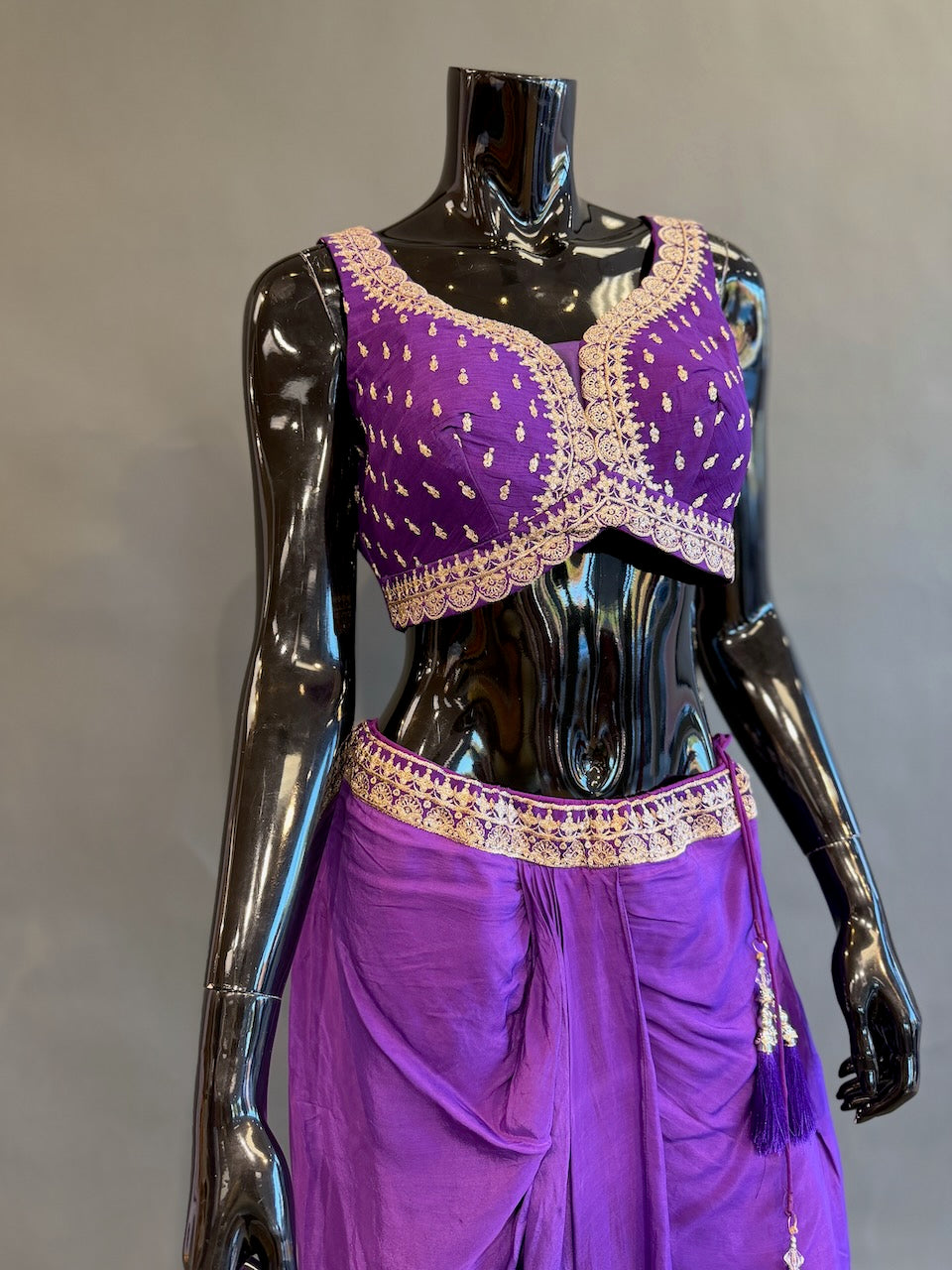 Purple Embellished Cape Fusion Draped Skirt Set