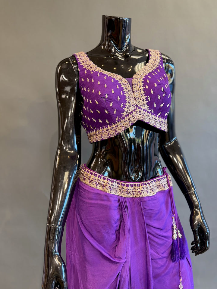 Purple Embellished Cape Fusion Draped Skirt Set