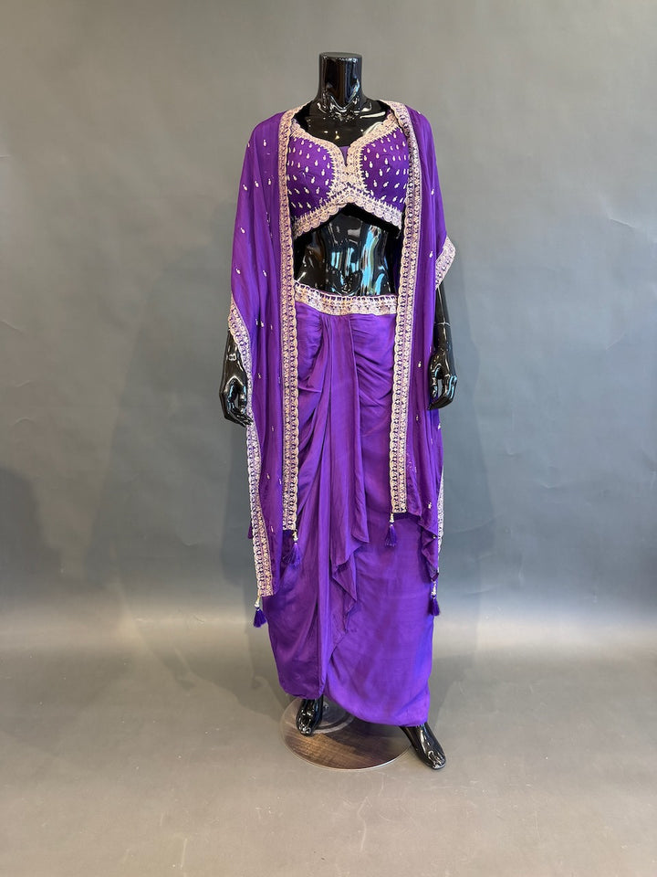 Purple Embellished Cape Fusion Draped Skirt Set