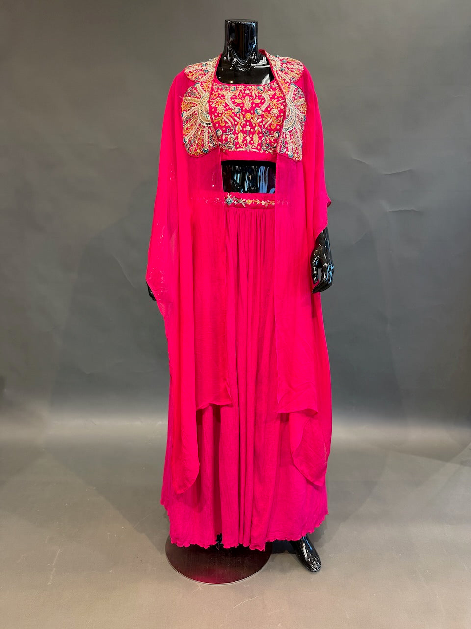 Rani Pink Embroidered Cape Fusion Draped Skirt Set