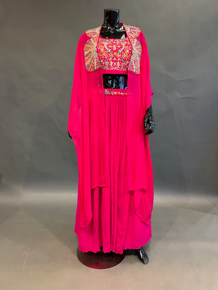 Rani Pink Embroidered Cape Fusion Draped Skirt Set