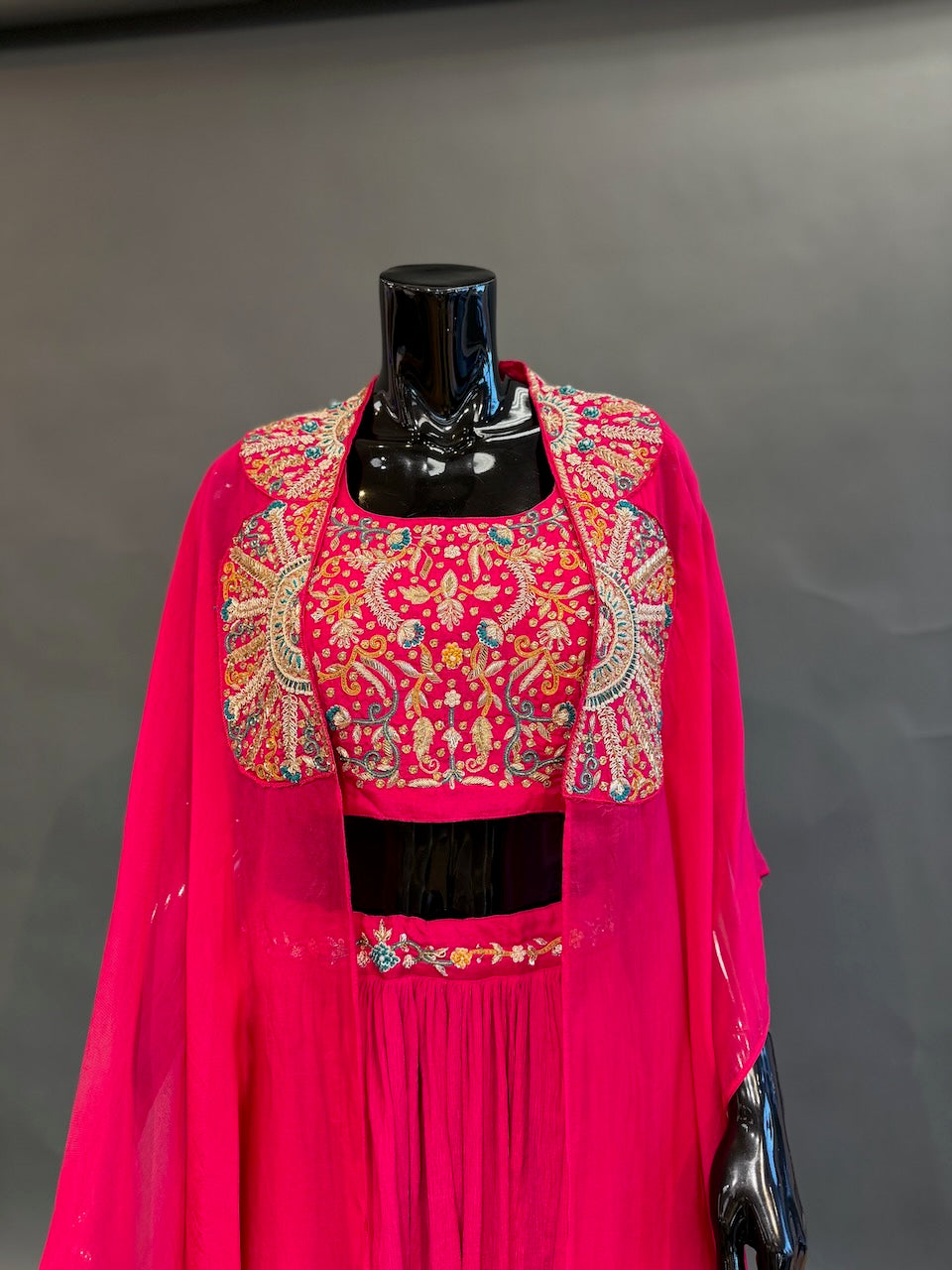Rani Pink Embroidered Cape Fusion Draped Skirt Set