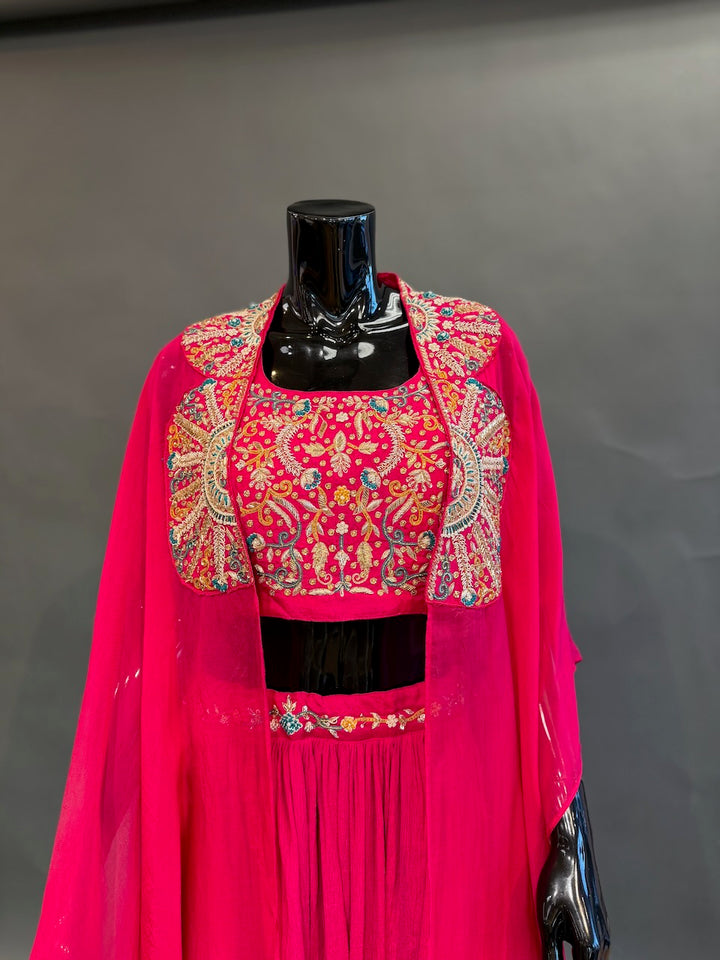 Rani Pink Embroidered Cape Fusion Draped Skirt Set