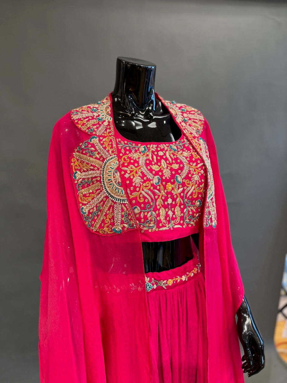 Rani Pink Embroidered Cape Fusion Draped Skirt Set