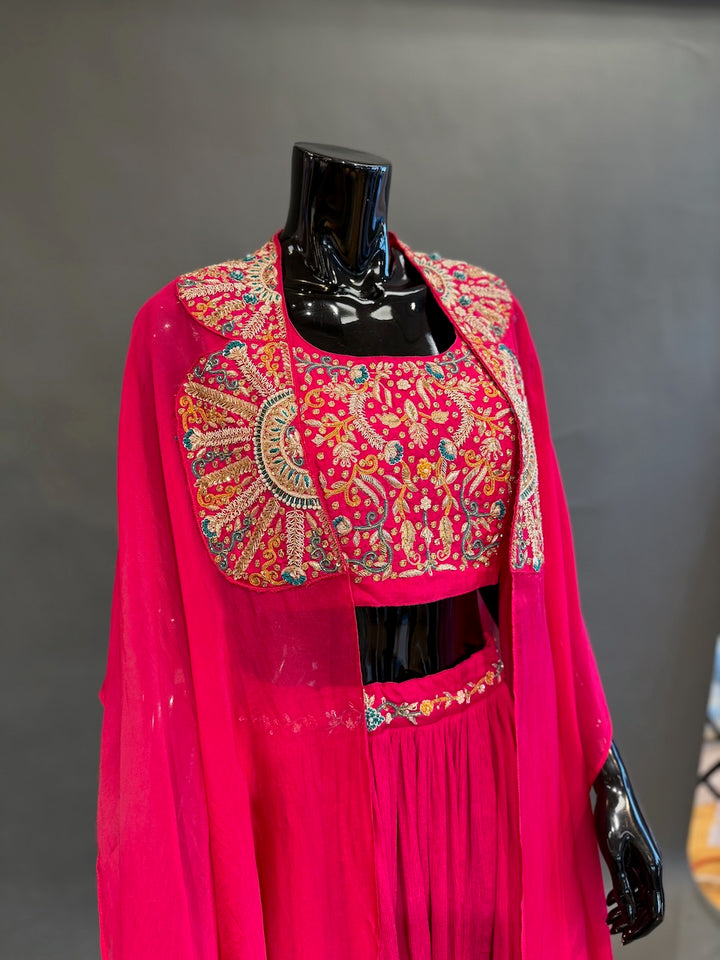 Rani Pink Embroidered Cape Fusion Draped Skirt Set
