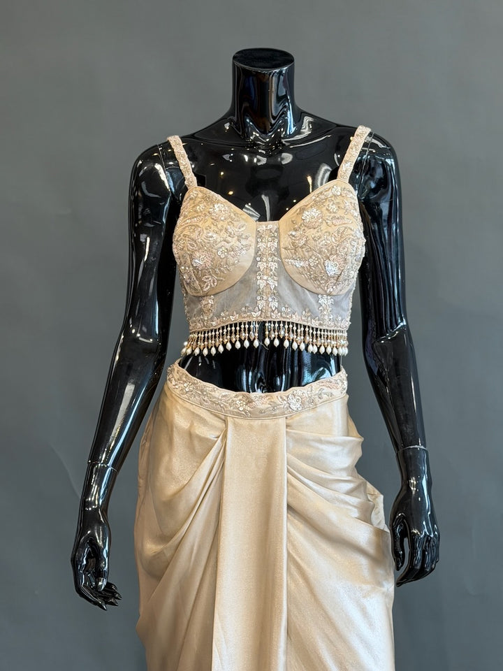 Champagne Gold Embellished Fusion Draped Skirt Set
