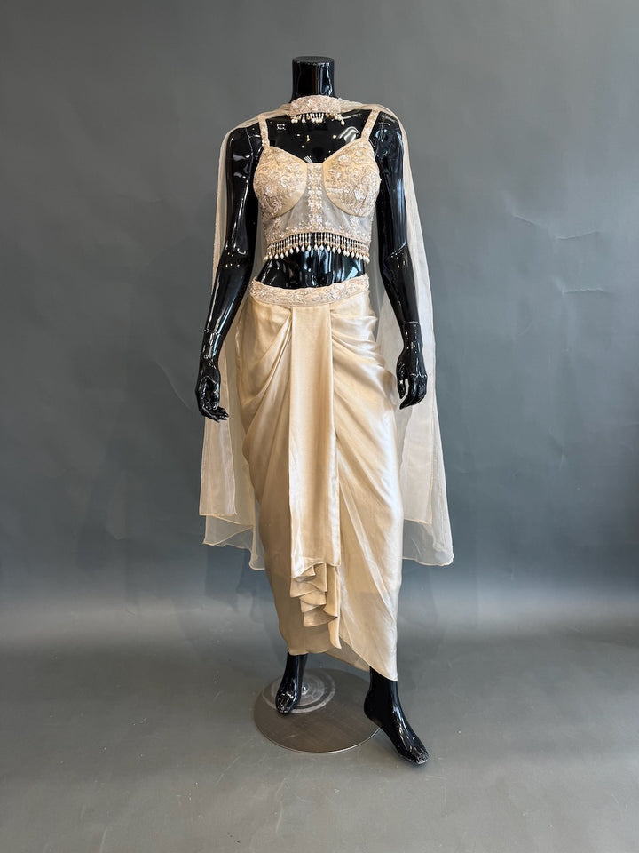 Champagne Gold Embellished Fusion Draped Skirt Set