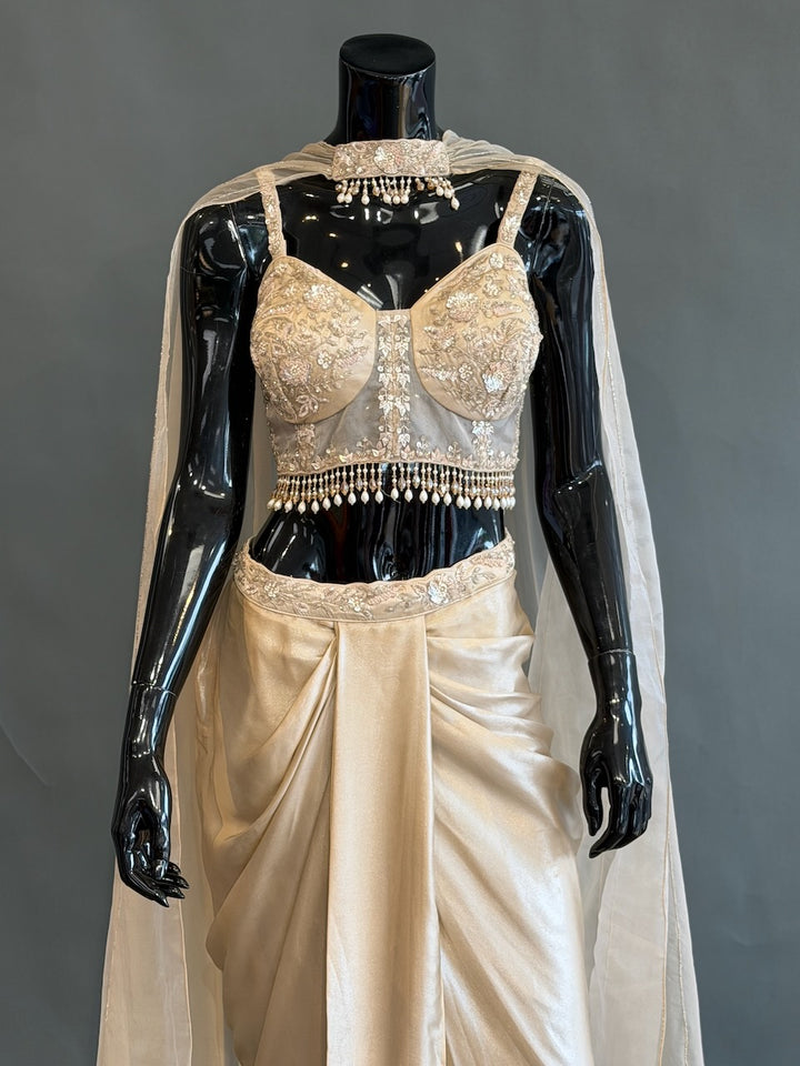 Champagne Gold Embellished Fusion Draped Skirt Set