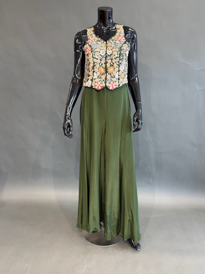 Olive Green Floral Embroidered Corset Top Sharara Set