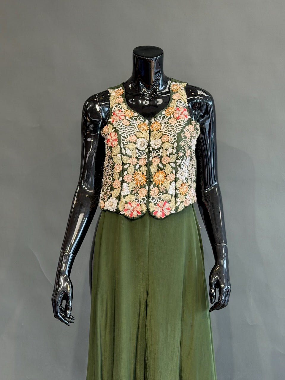 Olive Green Floral Embroidered Corset Top Sharara Set