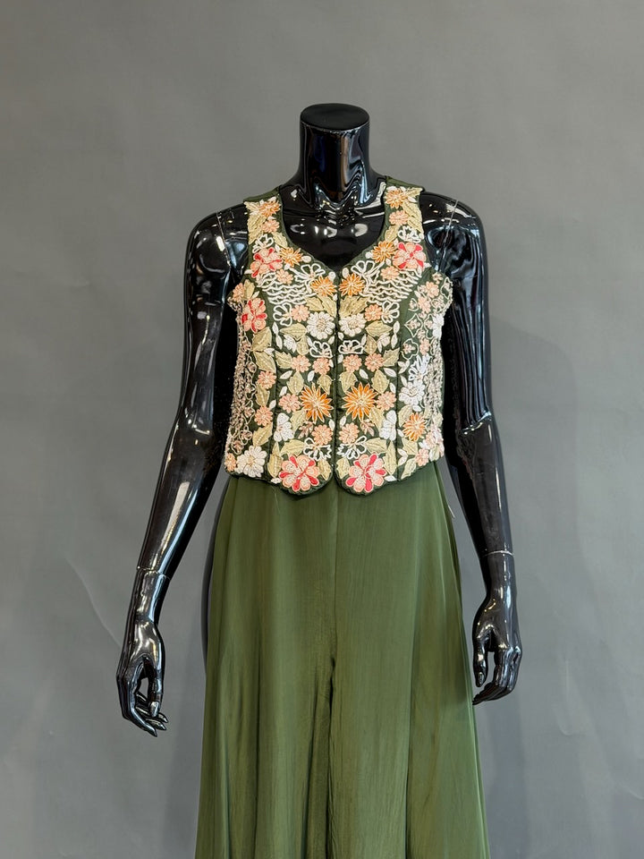 Olive Green Floral Embroidered Corset Top Sharara Set