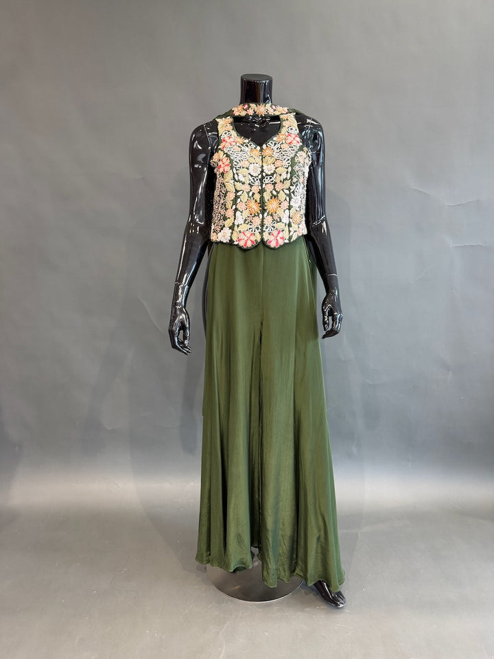 Olive Green Floral Embroidered Corset Top Sharara Set