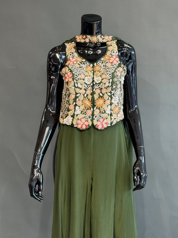 Olive Green Floral Embroidered Corset Top Sharara Set