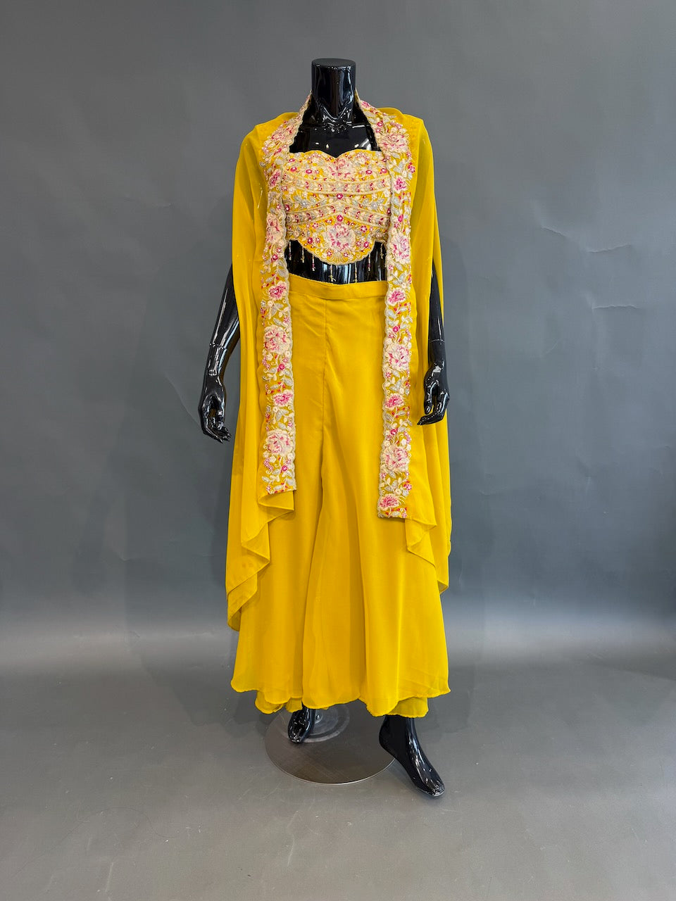 Mustard Yellow Embroidered Sharara Set with a Cape
