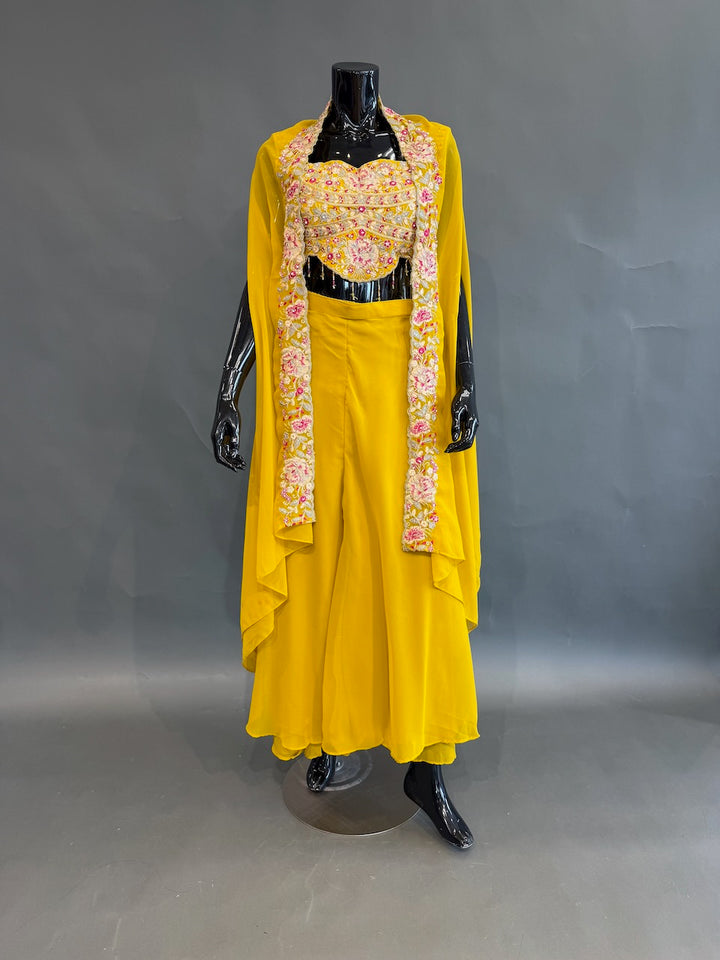 Mustard Yellow Embroidered Sharara Set with a Cape