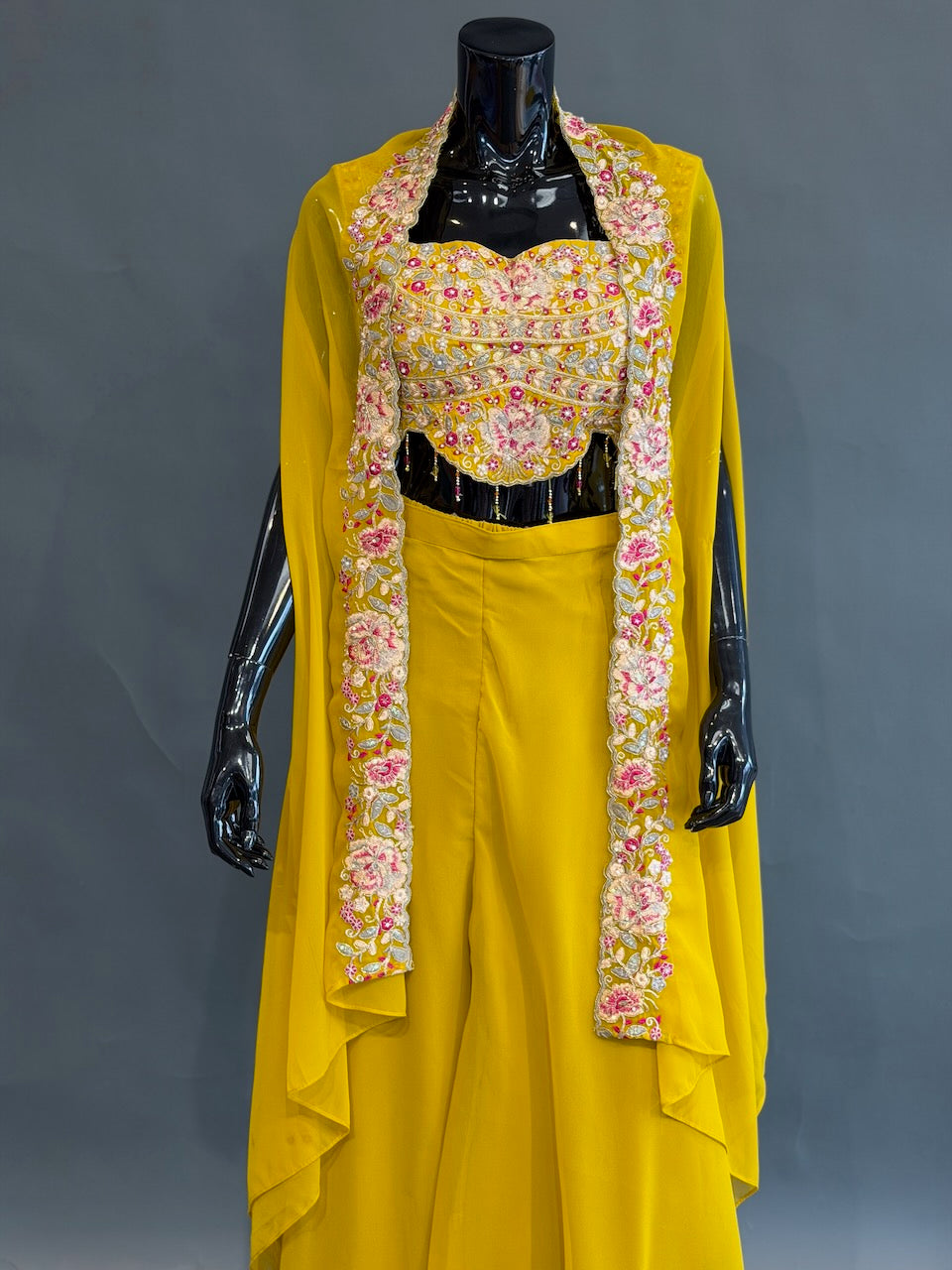 Mustard Yellow Embroidered Sharara Set with a Cape