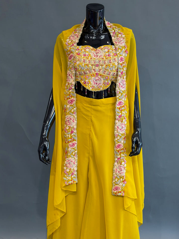Mustard Yellow Embroidered Sharara Set with a Cape