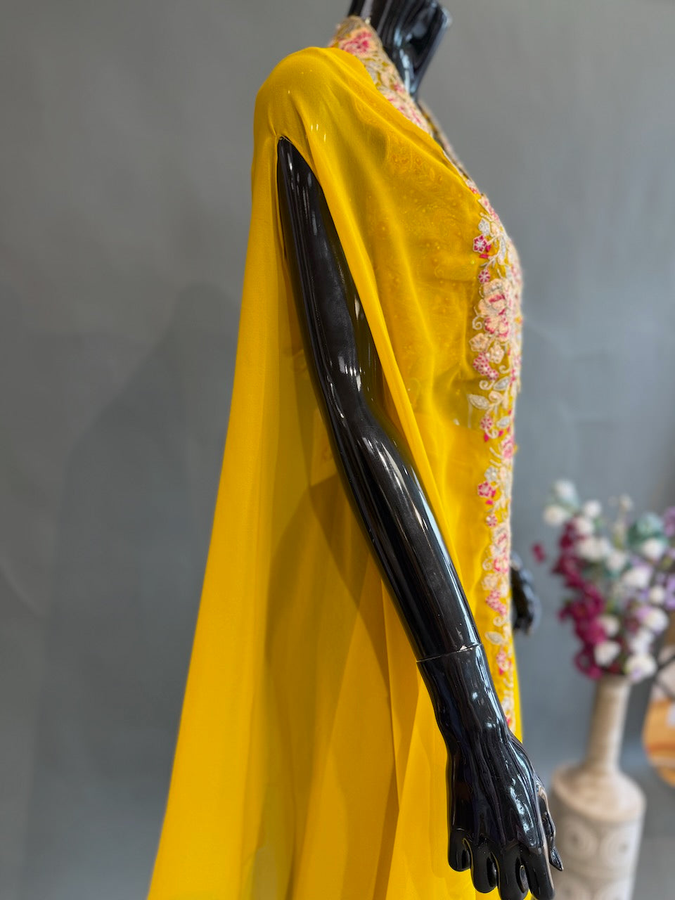 Mustard Yellow Embroidered Sharara Set with a Cape