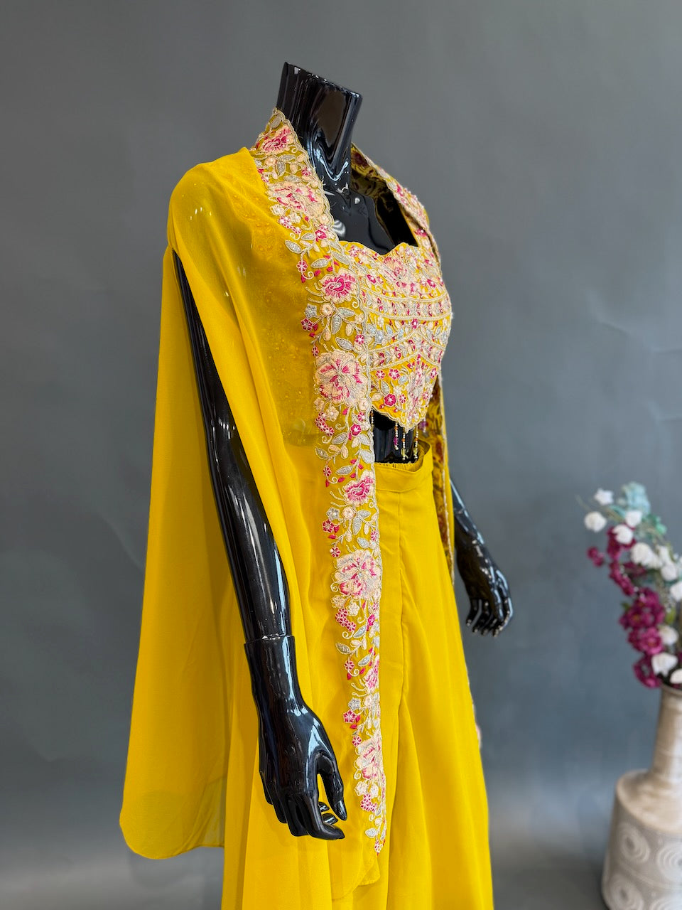 Mustard Yellow Embroidered Sharara Set with a Cape