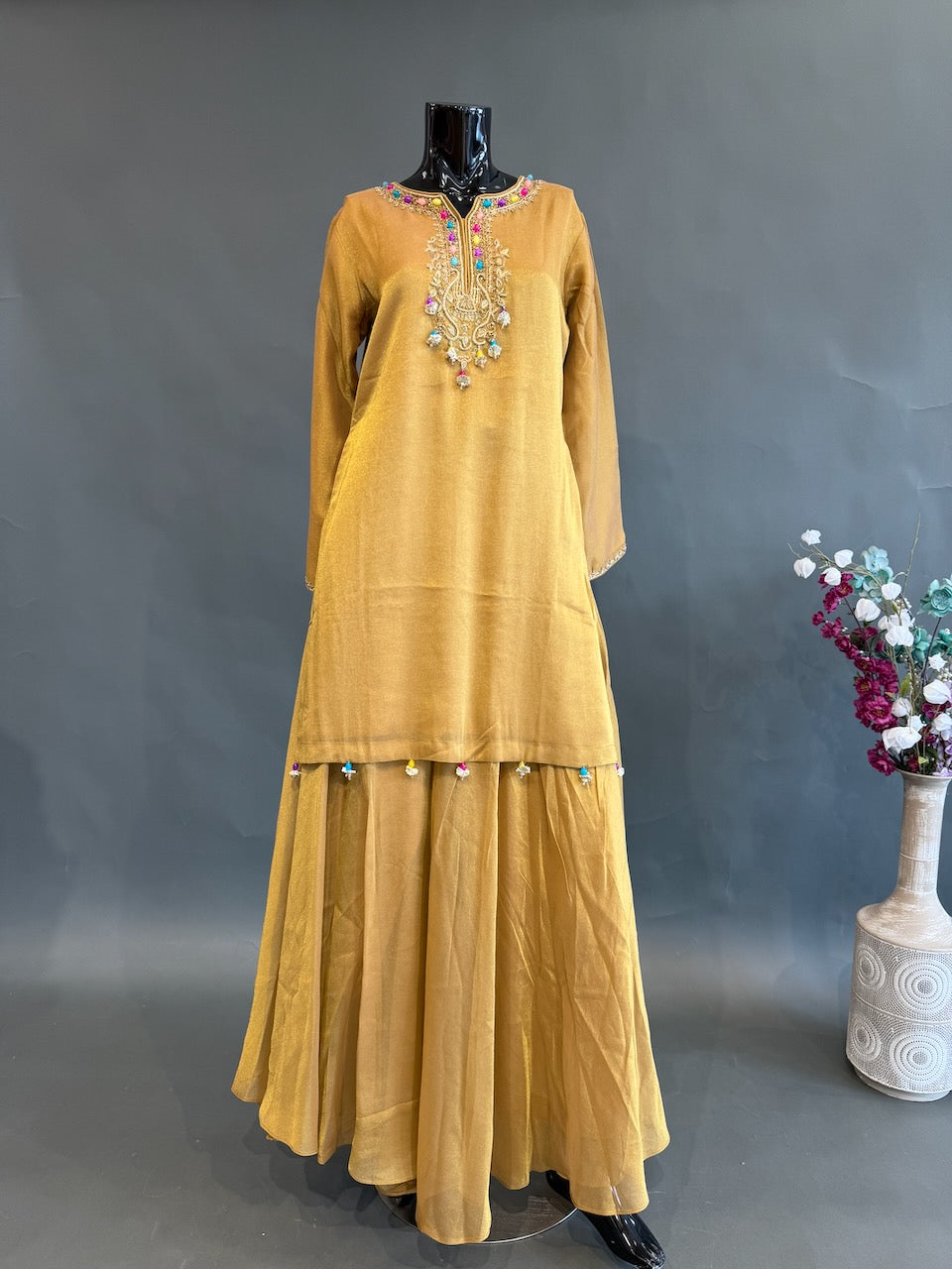 Mustard Gold Tissue Sharara Set