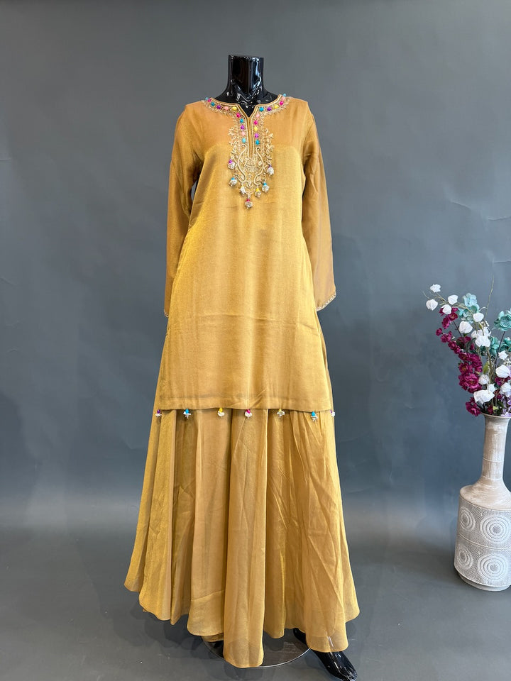 Mustard Gold Tissue Sharara Set