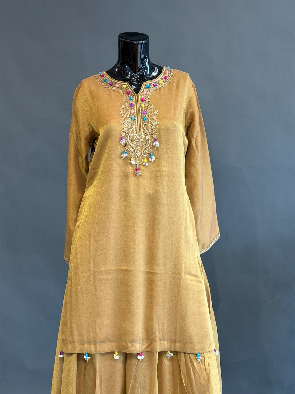 Mustard Gold Tissue Sharara Set